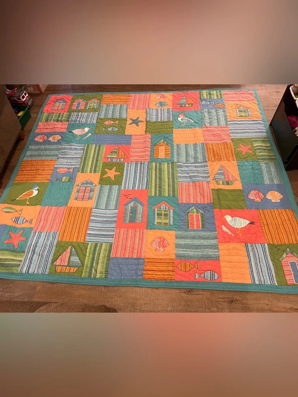 The Company Store Coastal Patchwork Quilt in Coral, Teal & Green 100x90” king